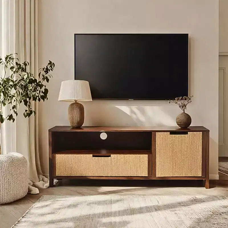 55 Walnut TV Stand for TVs up to 60, Woven Rope Door Panel, Small Media Console Cabinet with Drawer, Brown