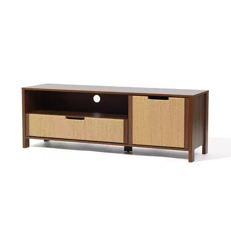 55 Walnut TV Stand for TVs up to 60, Woven Rope Door Panel, Small Media Console Cabinet with Drawer, Brown