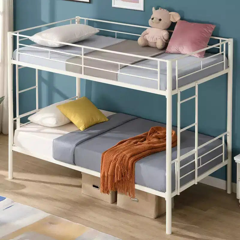 Metal Twin Over Twin Bunk Bed with Guardrail & Ladder, Convertible Heavy Duty Bed for Kids, Teens & Adults, White