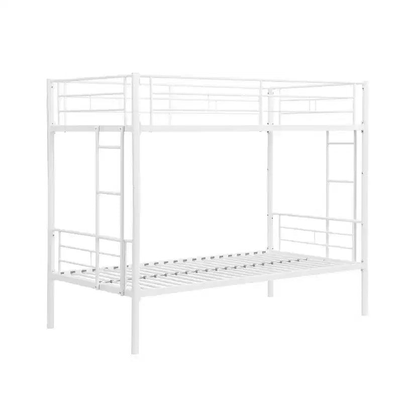 Metal Twin Over Twin Bunk Bed with Guardrail & Ladder, Convertible Heavy Duty Bed for Kids, Teens & Adults, White