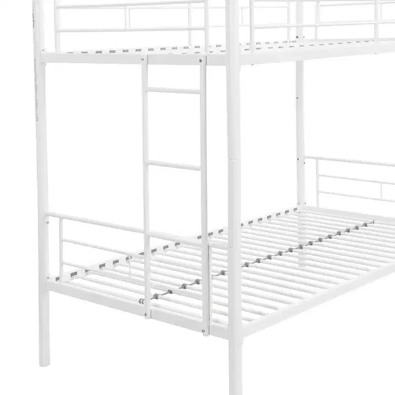 Metal Twin Over Twin Bunk Bed with Guardrail & Ladder, Convertible Heavy Duty Bed for Kids, Teens & Adults, White