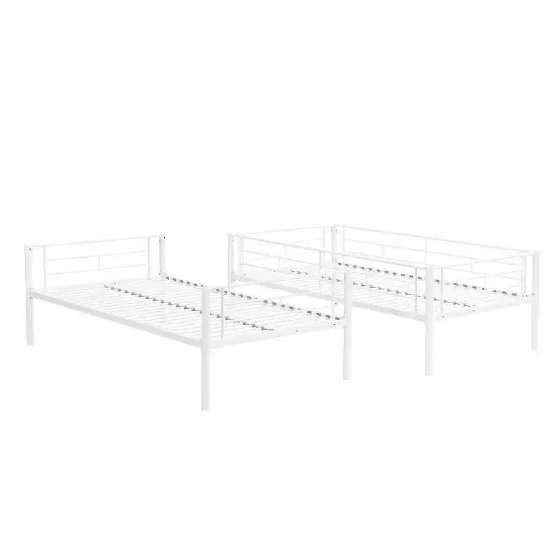 Metal Twin Over Twin Bunk Bed with Guardrail & Ladder, Convertible Heavy Duty Bed for Kids, Teens & Adults, White