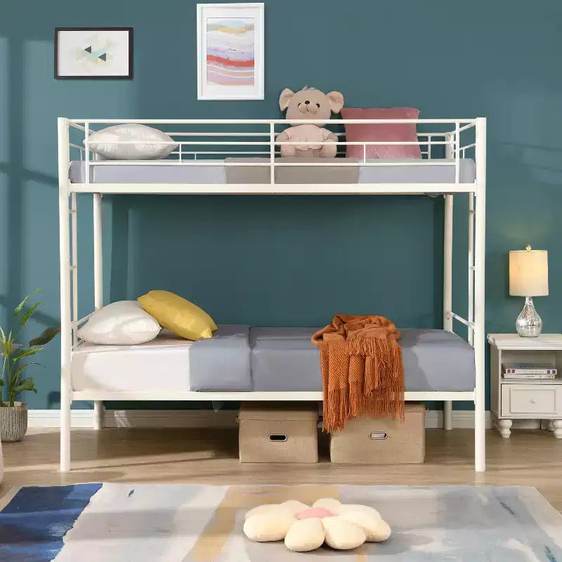 Letto a castello in metallo singolo sopra singolo con sponde di sicurezza e scala, letto trasformabile per bambini, ragazzi e adulti, bianco