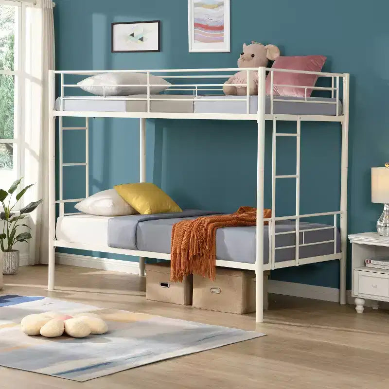 Letto a castello in metallo singolo sopra singolo con sponde di sicurezza e scala, letto trasformabile per bambini, ragazzi e adulti, bianco