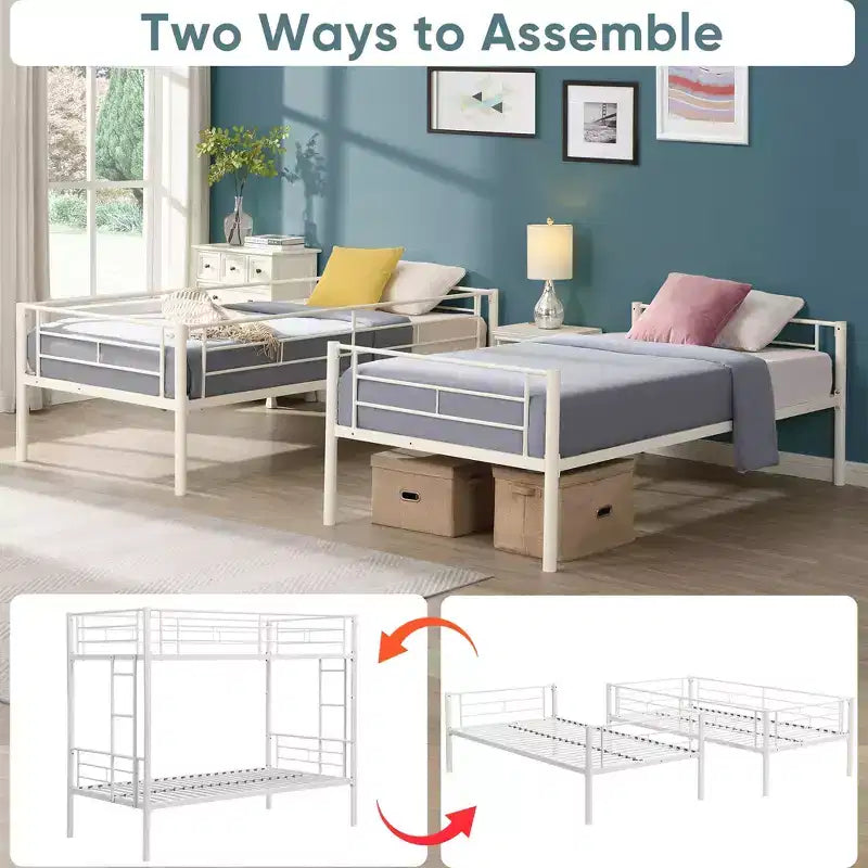 Metal Twin Over Twin Bunk Bed with Guardrail & Ladder, Convertible Heavy Duty Bed for Kids, Teens & Adults, White