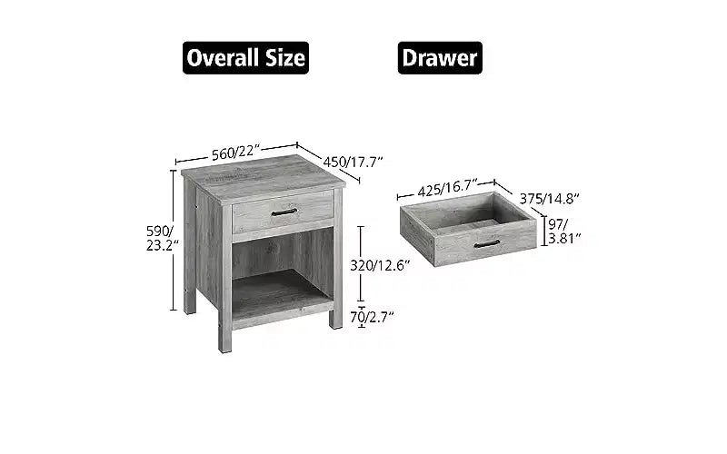Comodino largo 22 con cassetto, tavolino grigio con ripiano contenitore per soggiorno, comodino in legno per camera da letto, cameretta, ufficio