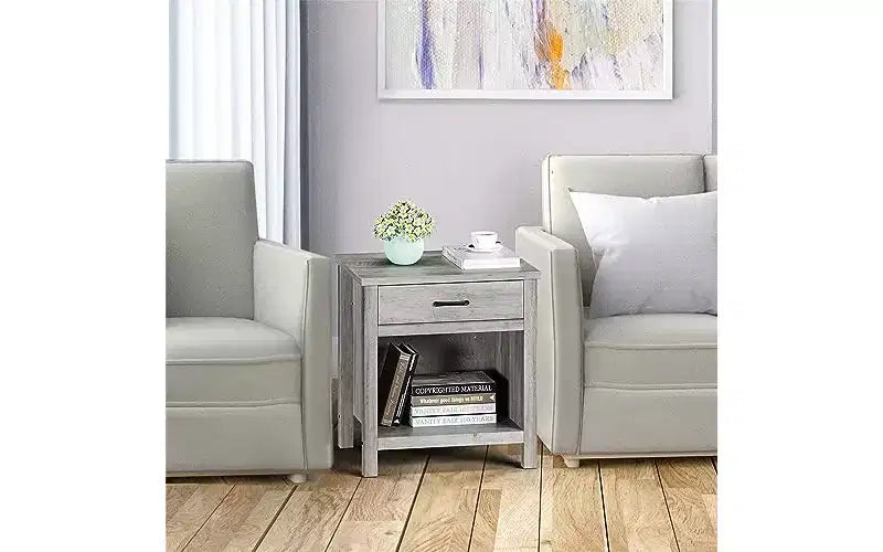 Comodino largo 22 con cassetto, tavolino grigio con ripiano contenitore per soggiorno, comodino in legno per camera da letto, cameretta, ufficio