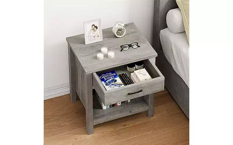 Comodino largo 22 con cassetto, tavolino grigio con ripiano contenitore per soggiorno, comodino in legno per camera da letto, cameretta, ufficio
