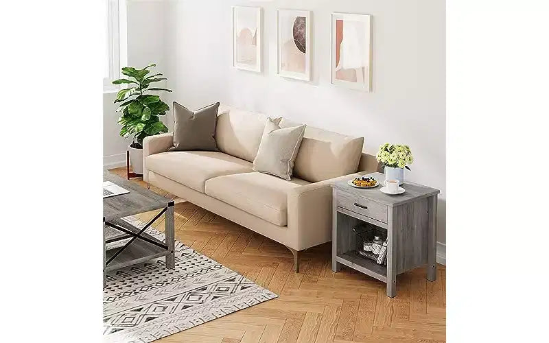 22 width Nightstand with Drawer,Grey Night Stand End Table Living Room with Storage Shelf,Wooden Bedside Table for Bedroom Nursery Office