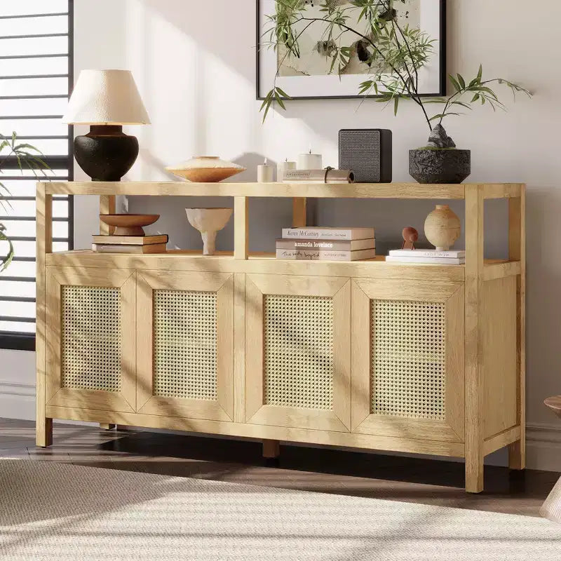 Sideboard/buffet cabinet featuring four doors and an open shelf; suitable for storage in the living room, dining room, or kitchen.
