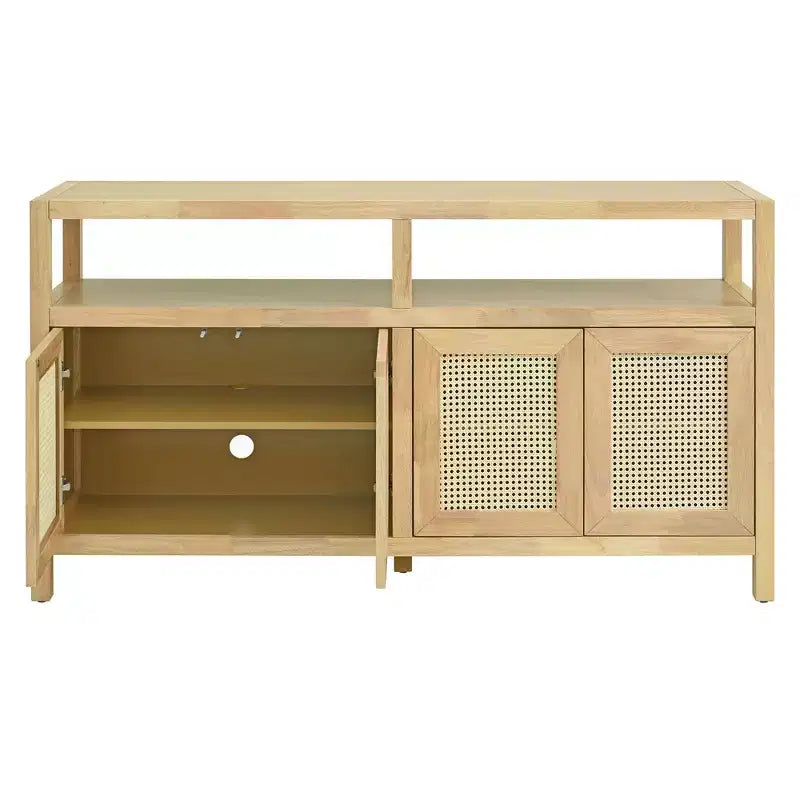 Sideboard/buffet cabinet featuring four doors and an open shelf; suitable for storage in the living room, dining room, or kitchen.
