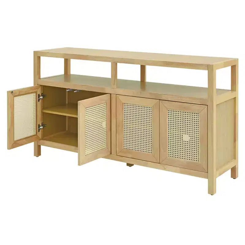 Sideboard/buffet cabinet featuring four doors and an open shelf; suitable for storage in the living room, dining room, or kitchen.