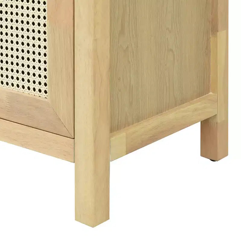 Sideboard/buffet cabinet featuring four doors and an open shelf; suitable for storage in the living room, dining room, or kitchen.