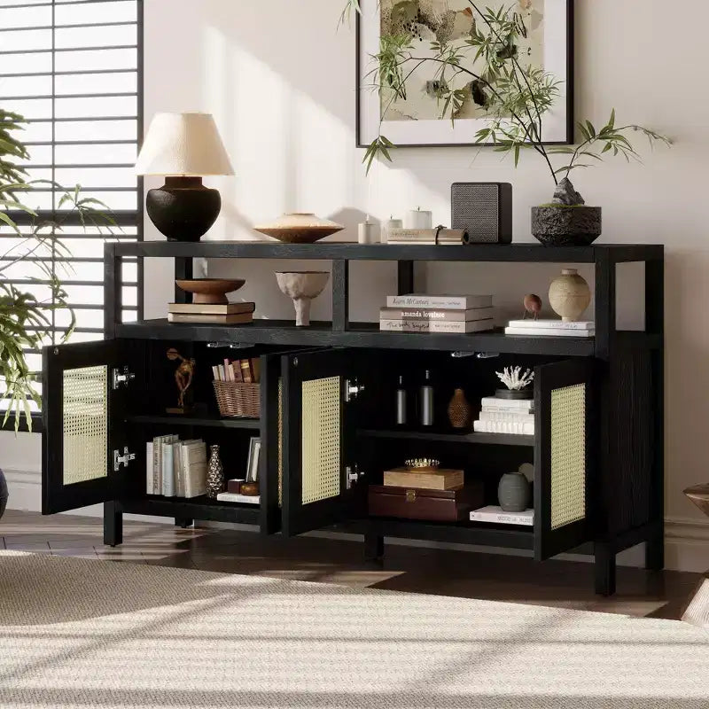 Sideboard/buffet cabinet featuring four doors and an open shelf; suitable for storage in the living room, dining room, or kitchen.