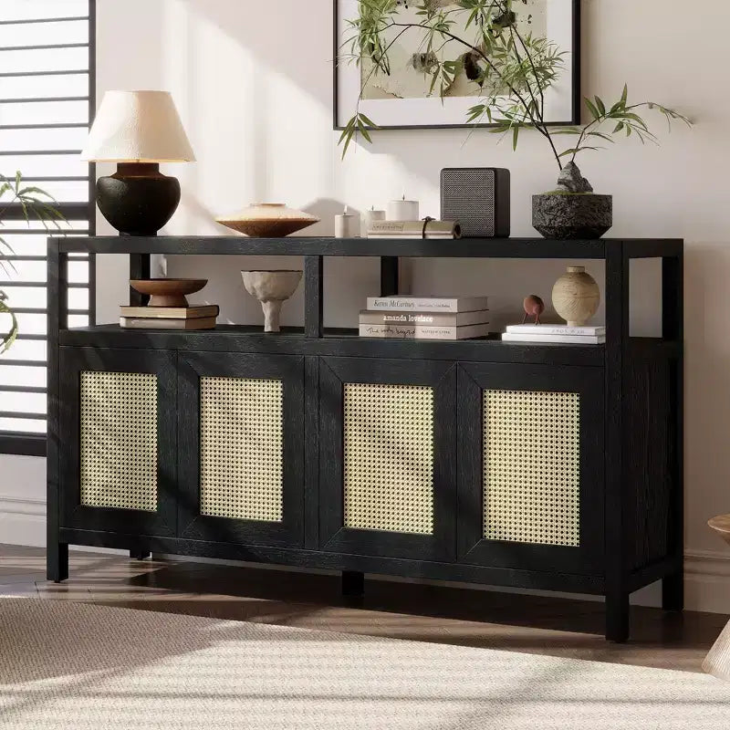 Sideboard/buffet cabinet featuring four doors and an open shelf; suitable for storage in the living room, dining room, or kitchen.