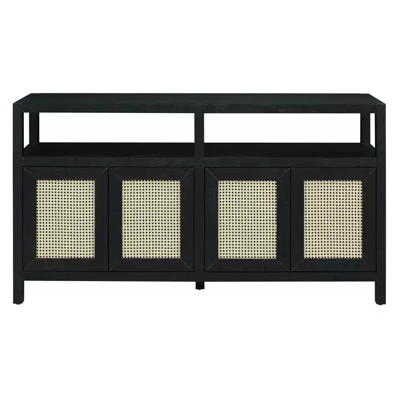 Sideboard/buffet cabinet featuring four doors and an open shelf; suitable for storage in the living room, dining room, or kitchen.
