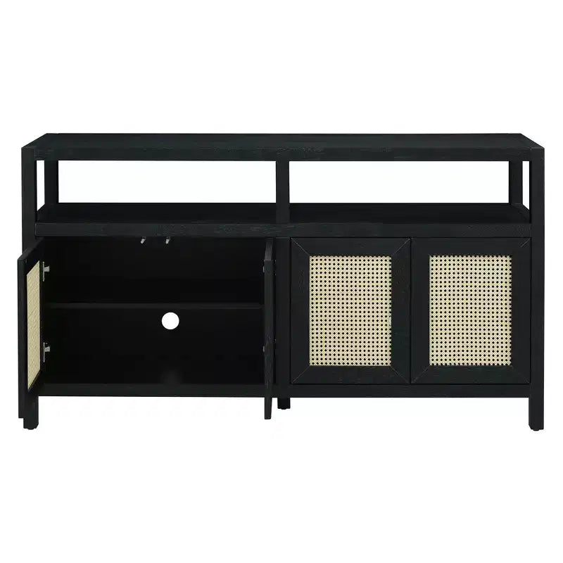 Sideboard/buffet cabinet featuring four doors and an open shelf; suitable for storage in the living room, dining room, or kitchen.