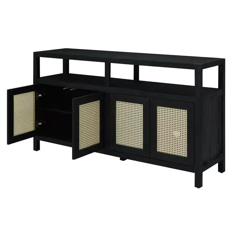 Sideboard/buffet cabinet featuring four doors and an open shelf; suitable for storage in the living room, dining room, or kitchen.