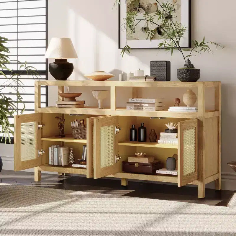 Sideboard/buffet cabinet featuring four doors and an open shelf; suitable for storage in the living room, dining room, or kitchen.