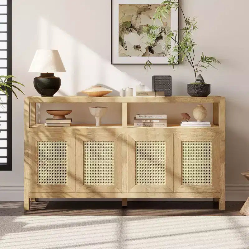 Sideboard/buffet cabinet featuring four doors and an open shelf; suitable for storage in the living room, dining room, or kitchen.