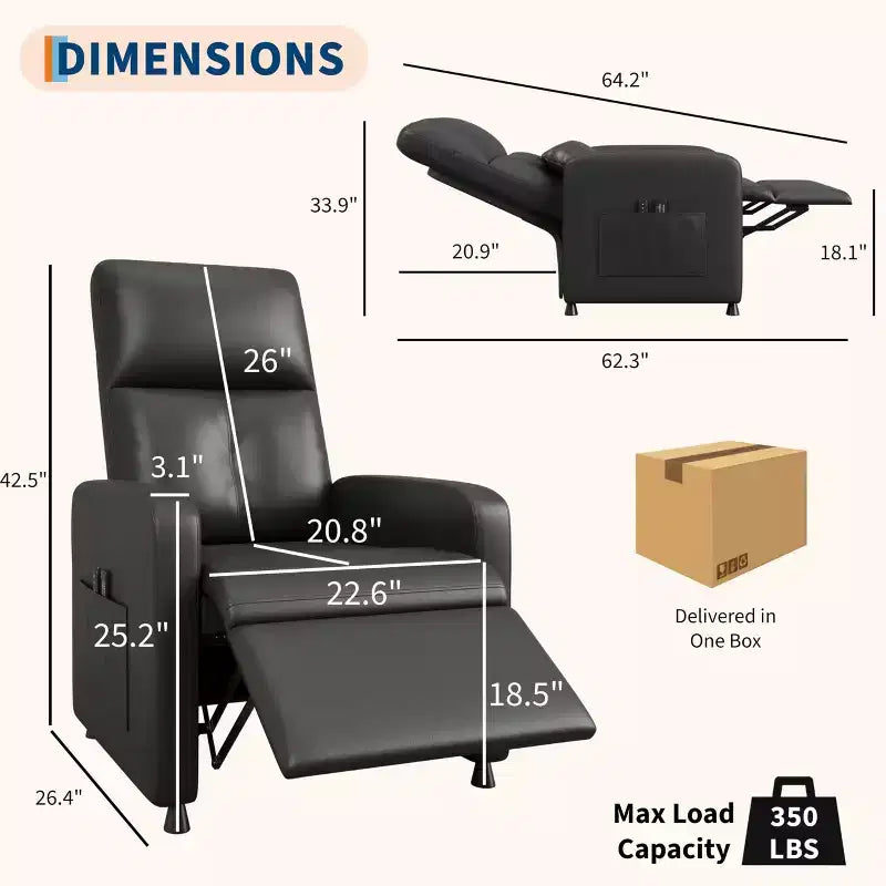 Poltrona reclinabile elettrica - riscaldamento e massaggio, poltrona reclinabile ergonomica regolabile in similpelle PU, schienale alto, seduta imbottita, seduta per home theater