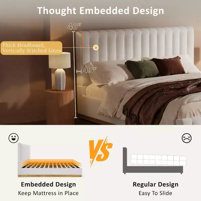 Struttura letto moderna con rivestimento in lino e testiera spessa con cuciture verticali