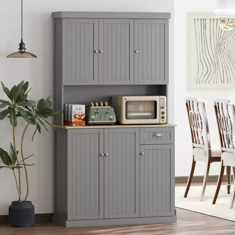Credenza da 71 con alzata, mobile dispensa da cucina moderno stile rustico con piano per forno a microonde, cassetto e armadietto