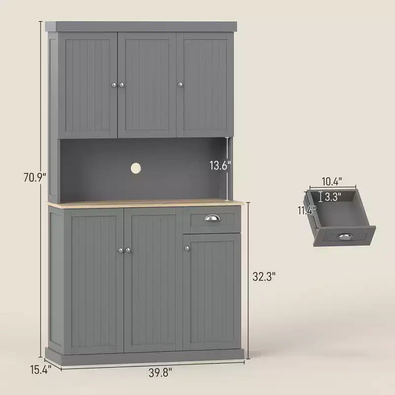 Credenza da 71 con alzata, mobile dispensa da cucina moderno stile rustico con piano per forno a microonde, cassetto e armadietto
