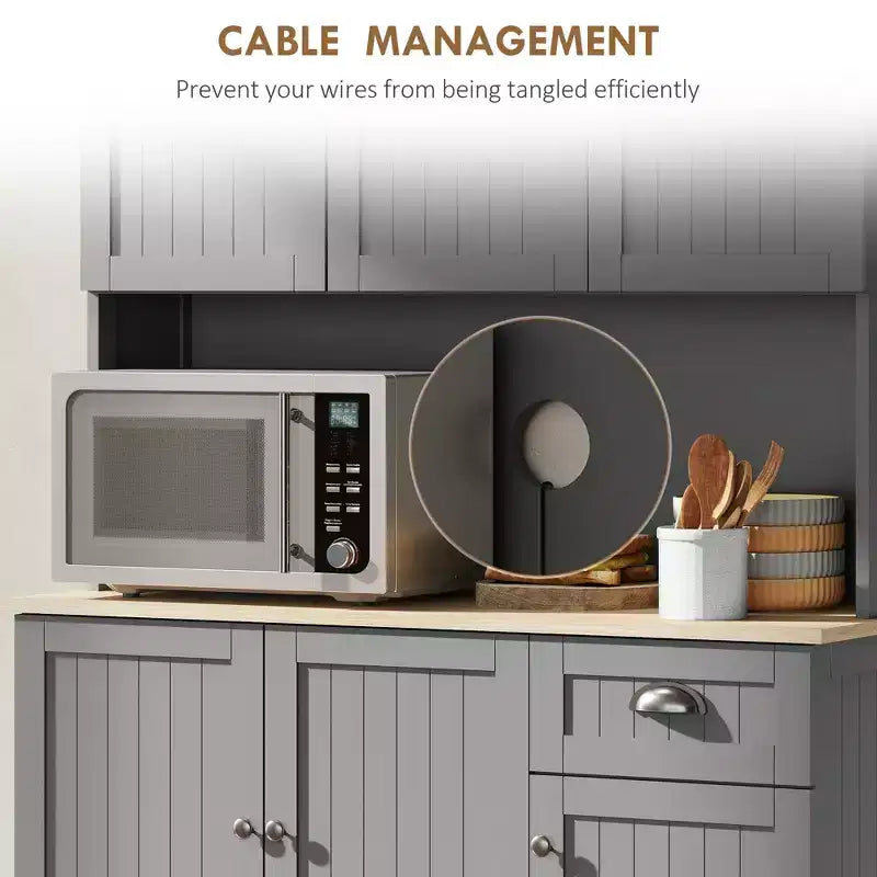 Credenza da 71 con alzata, mobile dispensa da cucina moderno stile rustico con piano per forno a microonde, cassetto e armadietto