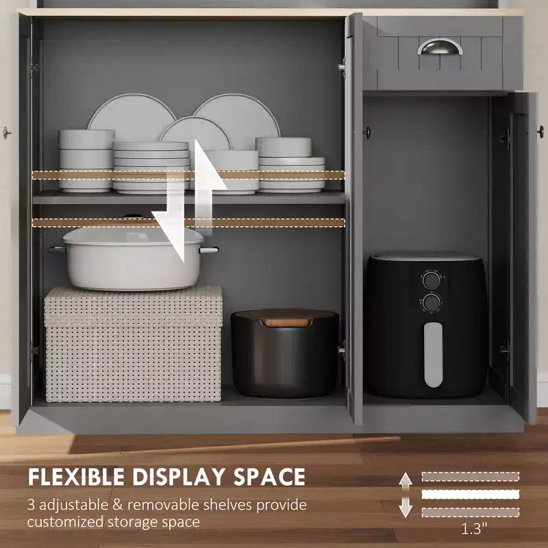 Credenza da 71 con alzata, mobile dispensa da cucina moderno stile rustico con piano per forno a microonde, cassetto e armadietto