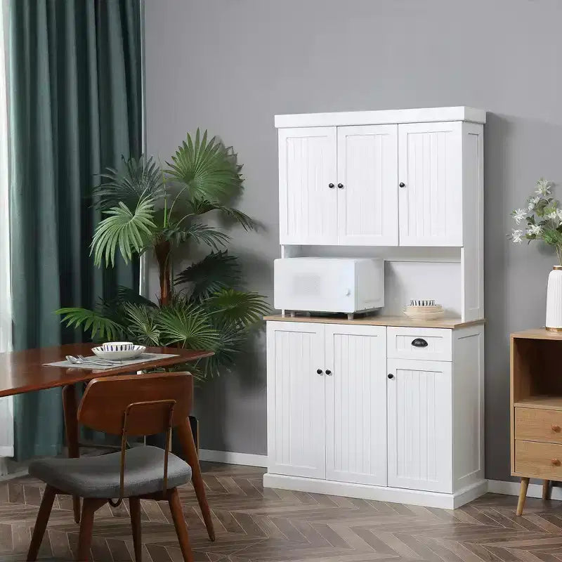 Credenza da 71 con alzata, mobile dispensa da cucina moderno stile rustico con piano per forno a microonde, cassetto e armadietto