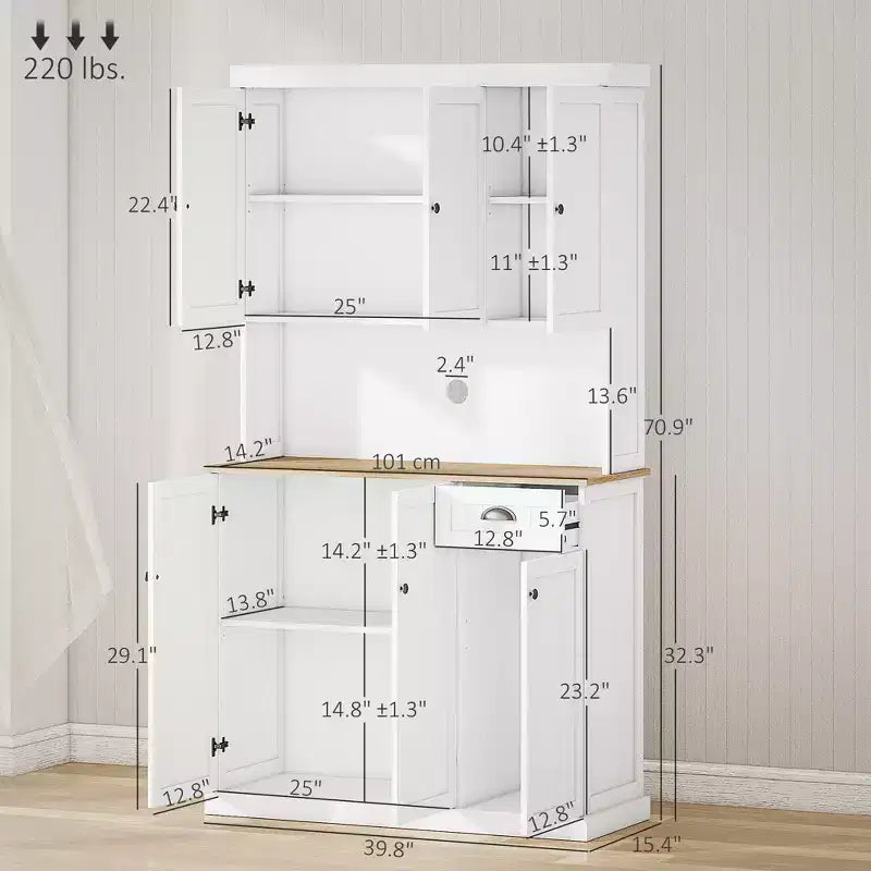 Credenza da 71 con alzata, mobile dispensa da cucina moderno stile rustico con piano per forno a microonde, cassetto e armadietto