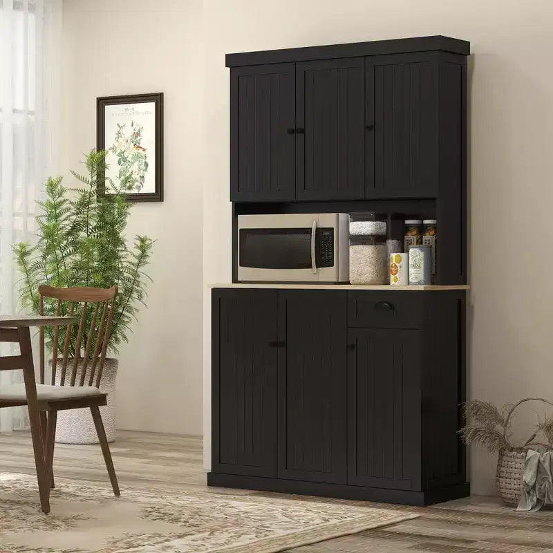 Credenza da 71 con alzata, mobile dispensa da cucina moderno stile rustico con piano per forno a microonde, cassetto e armadietto