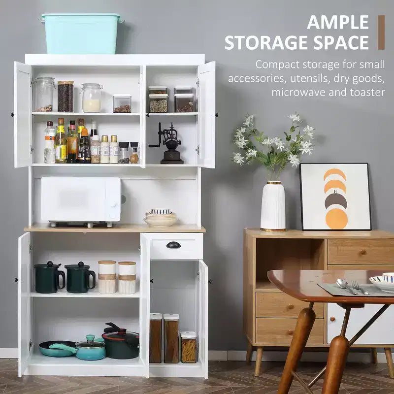 Credenza da 71 con alzata, mobile dispensa da cucina moderno stile rustico con piano per forno a microonde, cassetto e armadietto