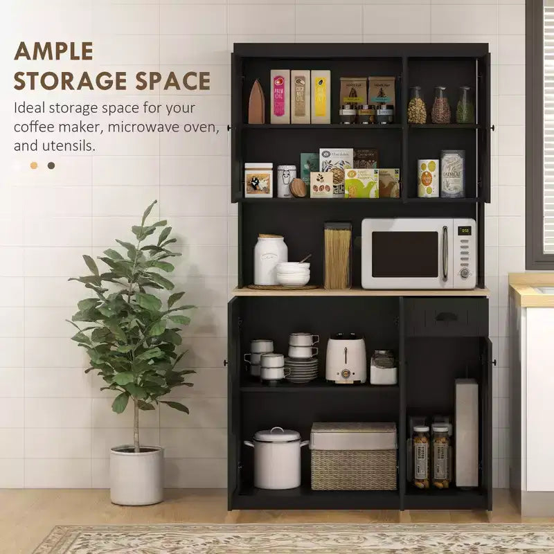 Credenza da 71 con alzata, mobile dispensa da cucina moderno stile rustico con piano per forno a microonde, cassetto e armadietto
