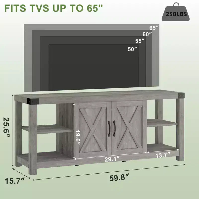 Mobile TV in legno stile rustico per TV fino a 65', con ripiani regolabili e 2 ante, per soggiorno o camera da letto