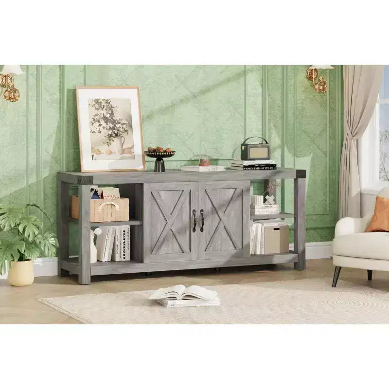 Mobile TV in legno stile rustico per TV fino a 65', con ripiani regolabili e 2 ante, per soggiorno o camera da letto