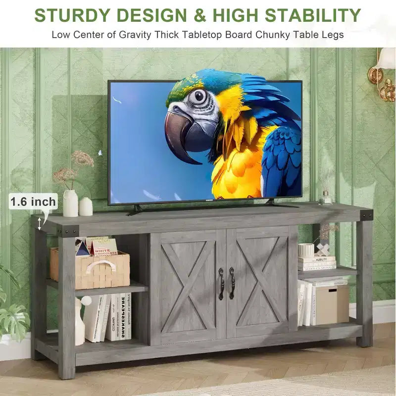 Mobile TV in legno stile rustico per TV fino a 65', con ripiani regolabili e 2 ante, per soggiorno o camera da letto