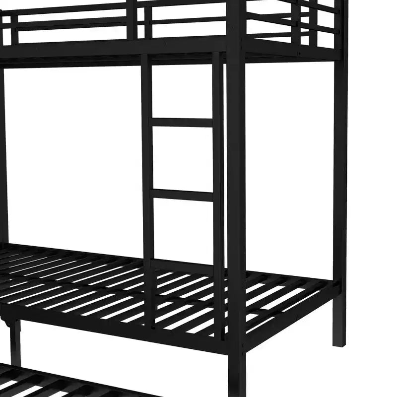 Łóżko piętrowe z wysuwanym łóżkiem, wytrzymała metalowa rama do łóżka trzyosobowego, barierki ochronne, ciche, czarne