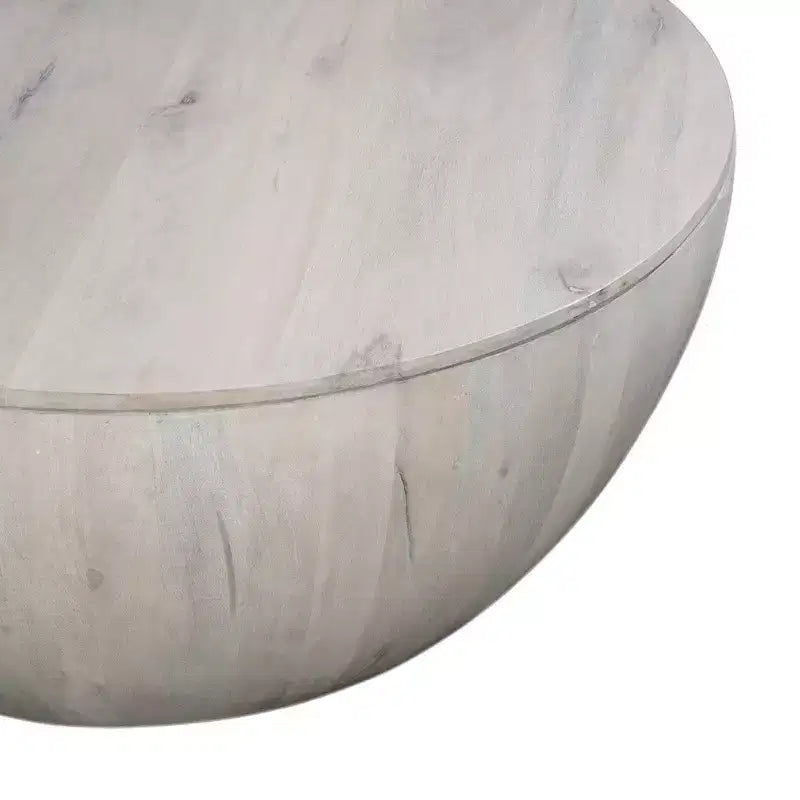 37 Inch Round Coffee Table, Handcrafted Drum Shape with Storage, Washed White Mango Wood