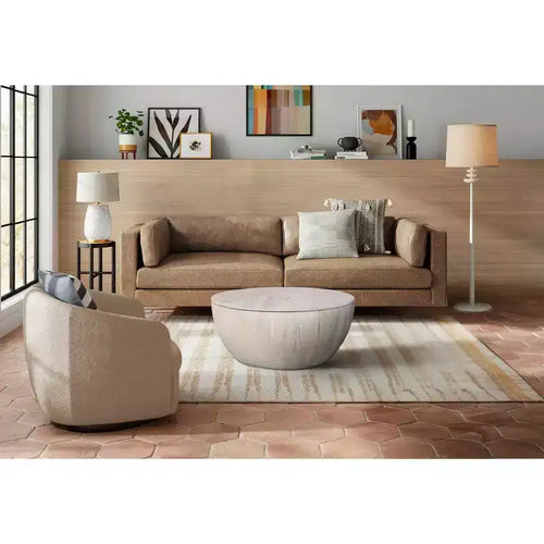 Tavolino rotondo da 37 pollici, forma a tamburo lavorata a mano con contenitore, legno di mango bianco decapato