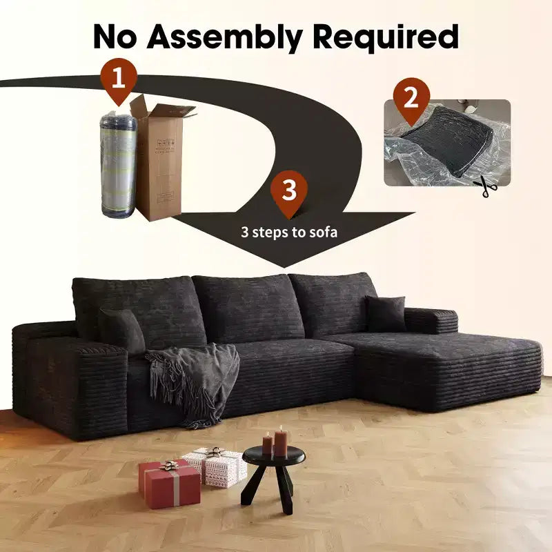L-Shape Sofa , Corduroy, Deep Seat, No Assembly, for Living Room/Bedroom