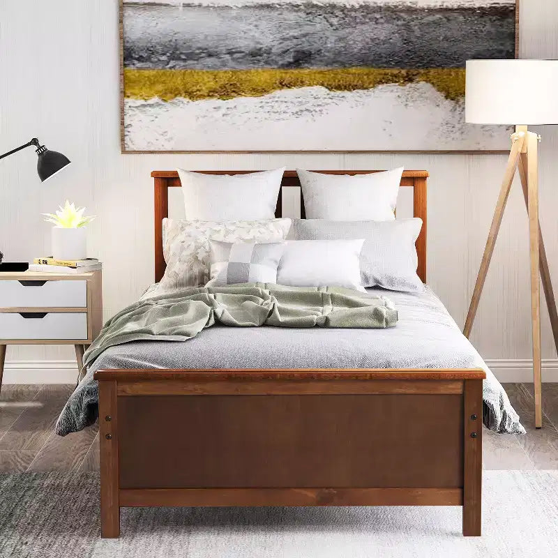Letto a piattaforma singolo in legno con testiera, pediera e supporto a doghe in legno, noce