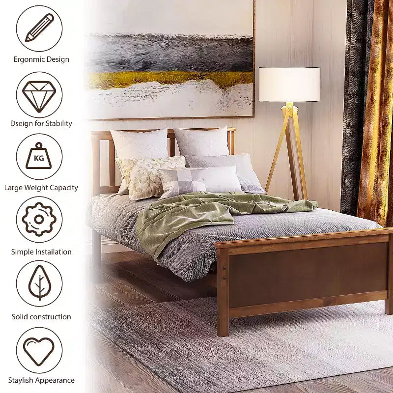 Letto a piattaforma singolo in legno con testiera, pediera e supporto a doghe in legno, noce