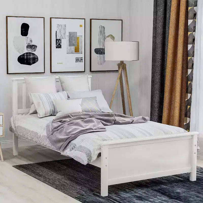 Letto a piattaforma singolo in legno con testiera, pediera e supporto a doghe in legno, noce