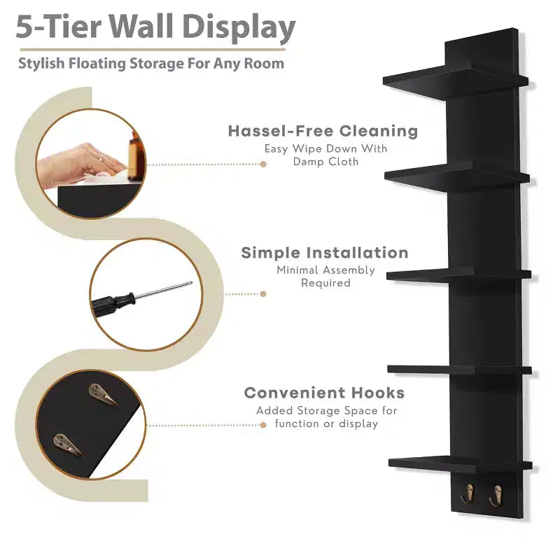 Scaffale a parete sospeso a 5 livelli con ganci - Decorazione e organizer contenitore per la casa