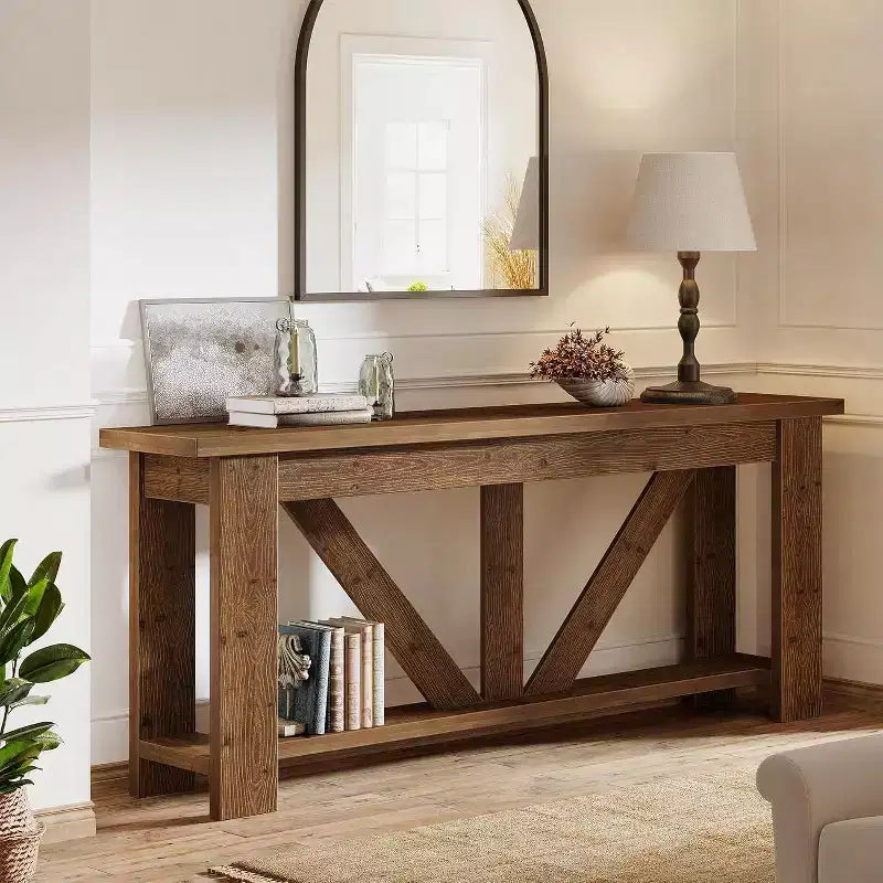 2 Tiers Solid Wood Console Table, 70.9 Extra Long Entryway Table, Sofa Table Behind Couch for Living Room, Hallway, Foyer