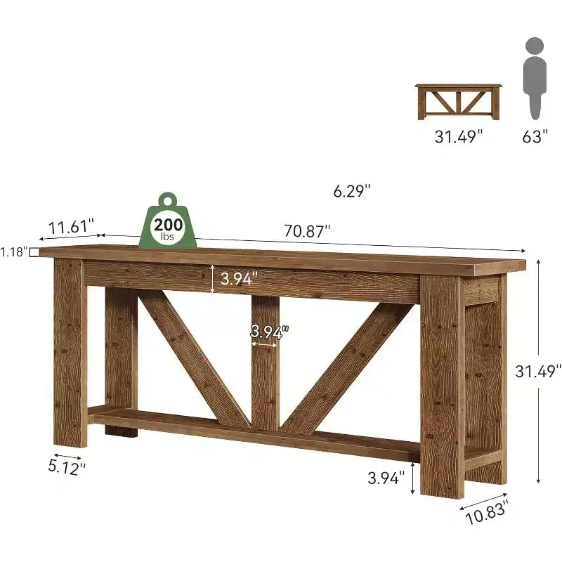 2 Tiers Solid Wood Console Table, 70.9 Extra Long Entryway Table, Sofa Table Behind Couch for Living Room, Hallway, Foyer