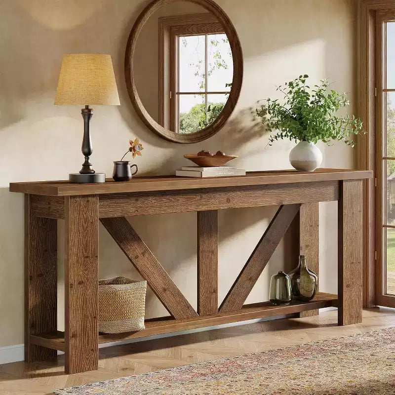 2 Tiers Solid Wood Console Table, 70.9 Extra Long Entryway Table, Sofa Table Behind Couch for Living Room, Hallway, Foyer