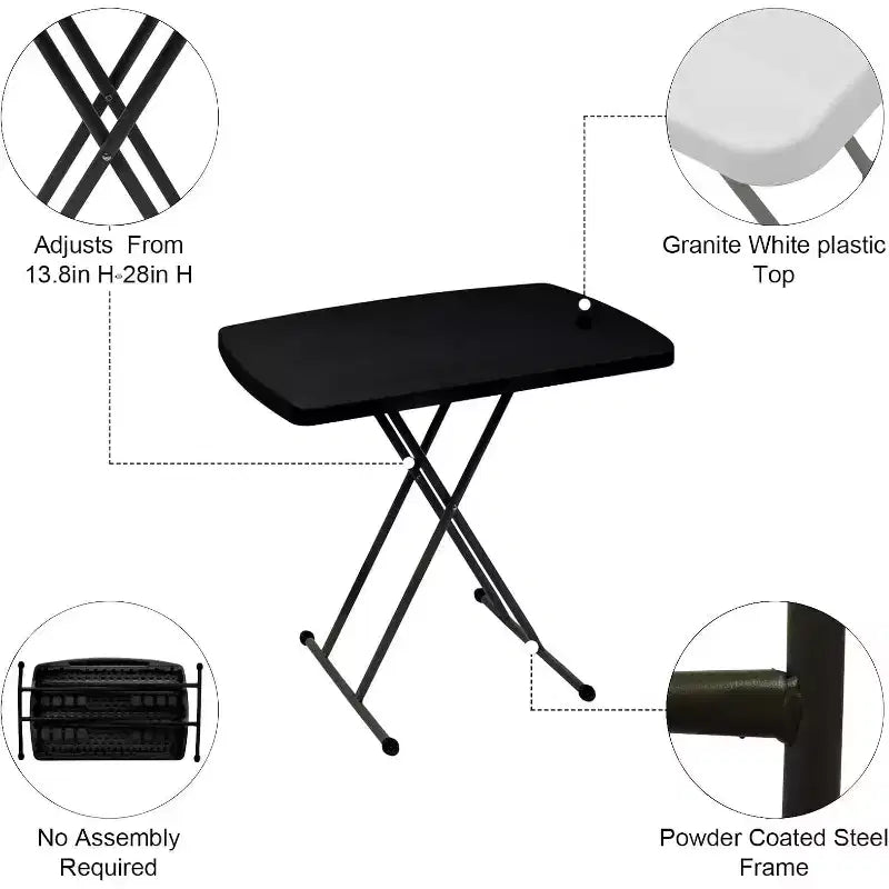 Small Folding Table Portable, 30 Adjustable Height Personal Laptop TV Tray, Camping Table, HDPE Plastic Top with Steel Frame,Black